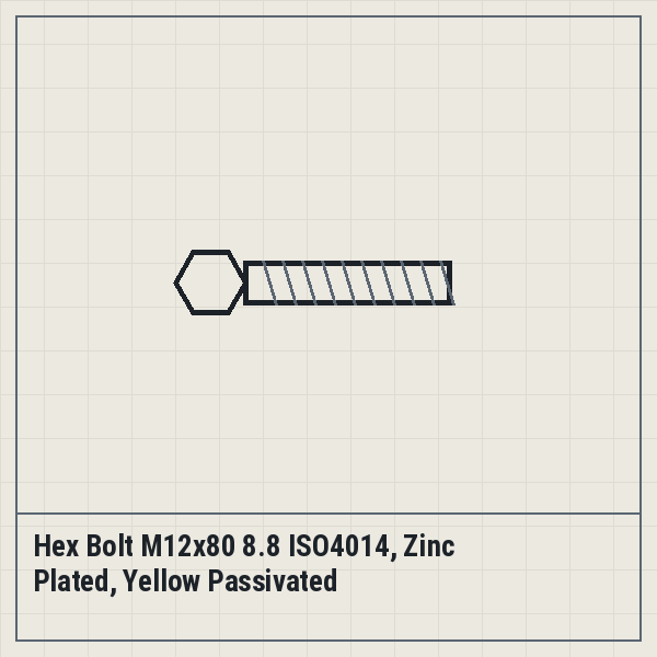 Hex Bolt M12x80 8.8 ISO4014, Zinc Plated, Yellow Passivated
