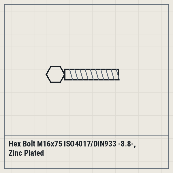 Hex Bolt M16x75 ISO4017/DIN933 -8.8-, Zinc Plated