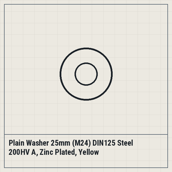 Plain Washer 25mm (M24) DIN125 Steel 200HV A, Zinc Plated, Yellow Passivated