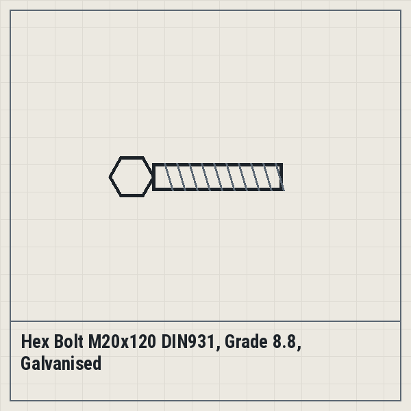 Hex Bolt M20x120 DIN931, Grade 8.8, Galvanised