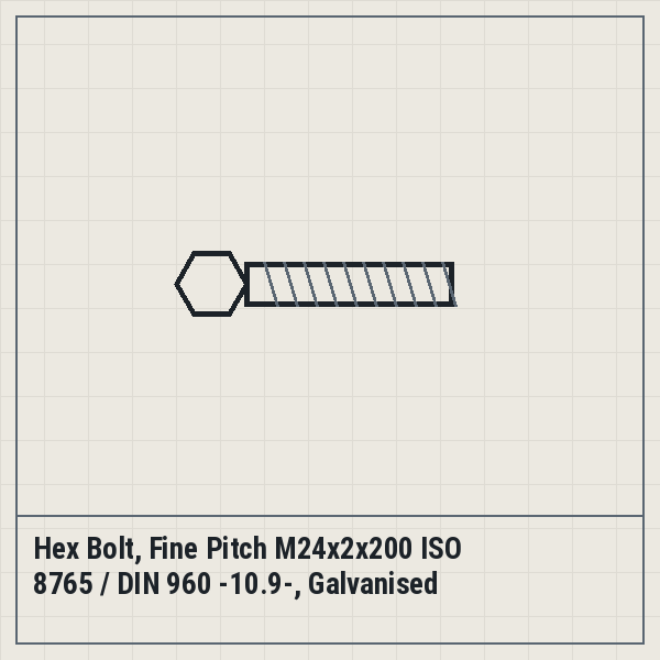 Hex Bolt, Fine Pitch M24x2x200 ISO 8765 / DIN 960 -10.9-, Galvanised