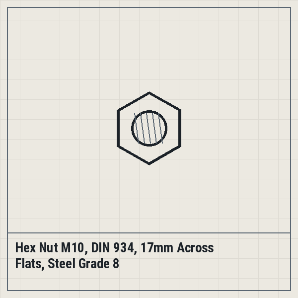 Hex Nut M10, DIN 934, 17mm Across Flats, Steel Grade 8