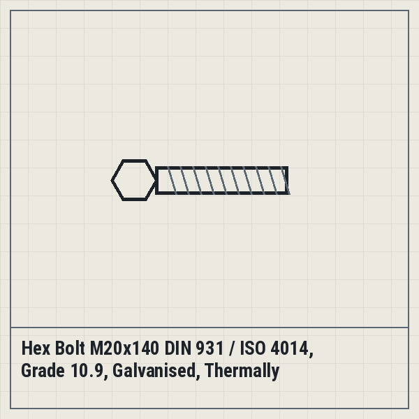 Hex Bolt M20x140 DIN 931 / ISO 4014, Grade 10.9, Galvanised, Thermally Post-Treated, Blue Passivated