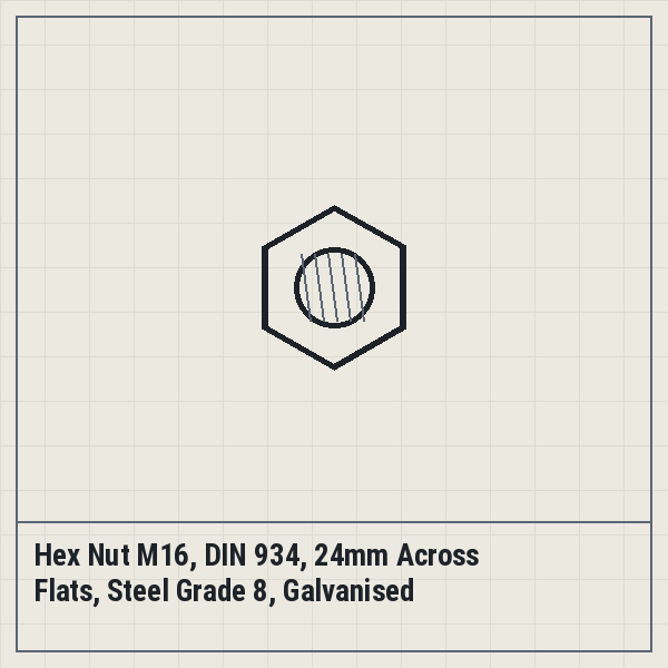 Hex Nut M16, DIN 934, 24mm Across Flats, Steel Grade 8, Galvanised